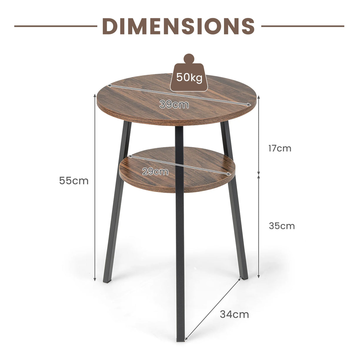 2-Tier Round End Table with Open Shelf and Triangular Metal Frame-Brown