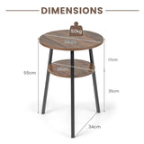 2-Tier Round End Table with Open Shelf and Triangular Metal Frame-Brown