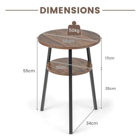 2-Tier Round End Table with Open Shelf and Triangular Metal Frame-Brown