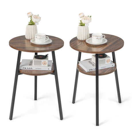 2-Tier Round End Table with Open Shelf and Triangular Metal Frame-Brown