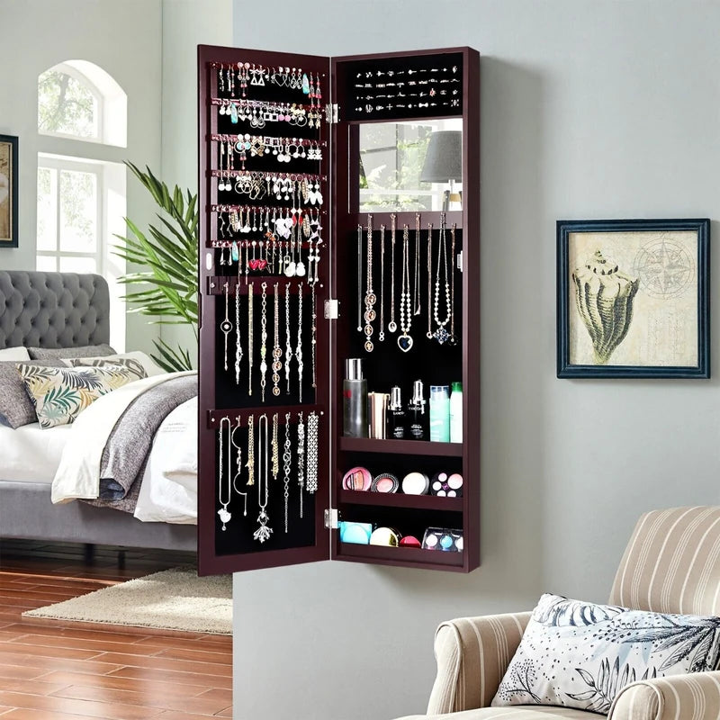 Full Length Mirror Jewelry Cabinet with Ring Slots and Necklace Hooks-Dark Brown