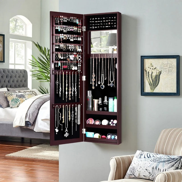 Full Length Mirror Jewelry Cabinet with Ring Slots and Necklace Hooks-Dark Brown