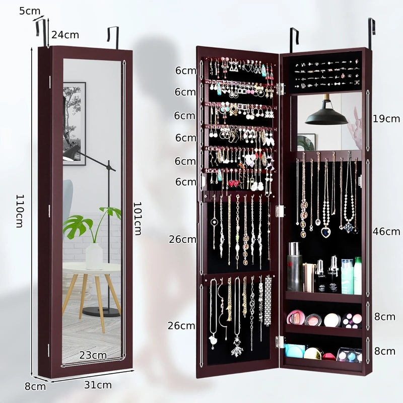 Full Length Mirror Jewelry Cabinet with Ring Slots and Necklace Hooks-Dark Brown