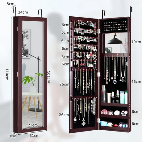 Full Length Mirror Jewelry Cabinet with Ring Slots and Necklace Hooks-Dark Brown