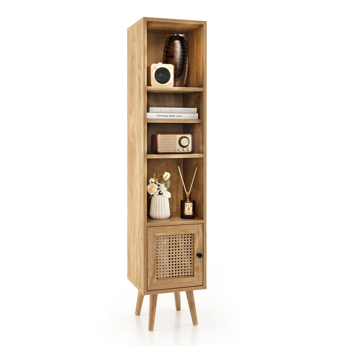 4 Tiers Rattan Storage Cabinet with Slim Design-Natural