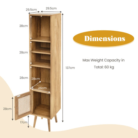 4 Tiers Rattan Storage Cabinet with Slim Design-Natural