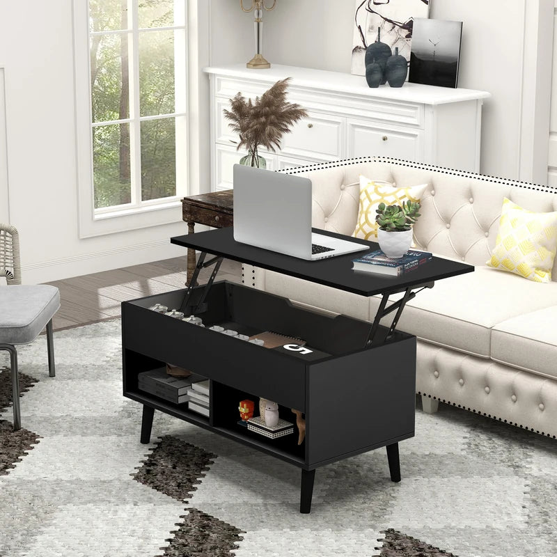31.5 Inch Lift Top Coffee Table with Hidden Compartment and 2 Storage Shelves-Black