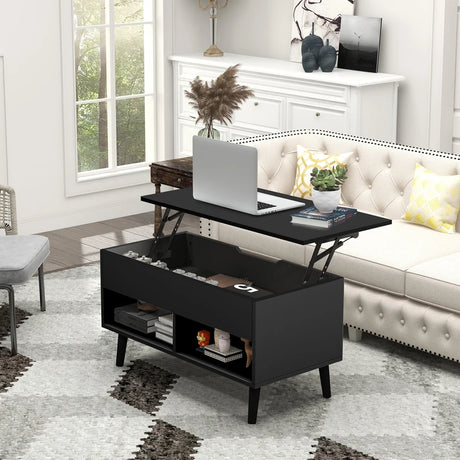 31.5 Inch Lift Top Coffee Table with Hidden Compartment and 2 Storage Shelves-Black