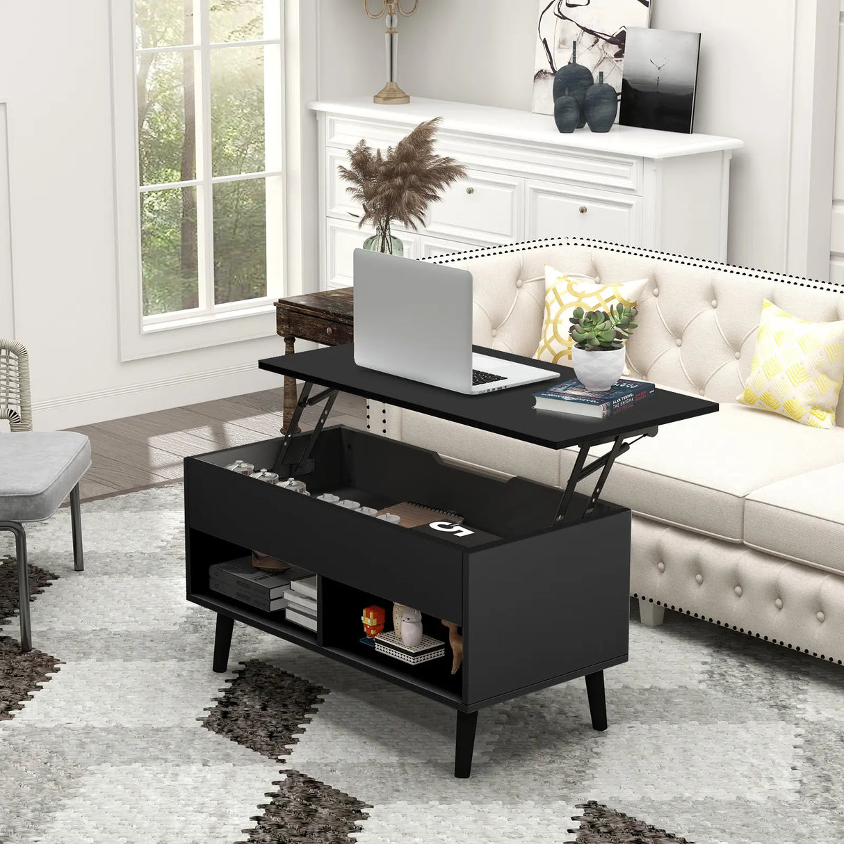 31.5 Inch Lift Top Coffee Table with Hidden Compartment and 2 Storage Shelves-Black