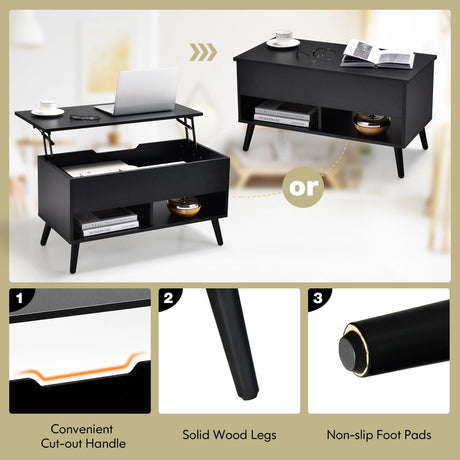 31.5 Inch Lift Top Coffee Table with Hidden Compartment and 2 Storage Shelves-Black