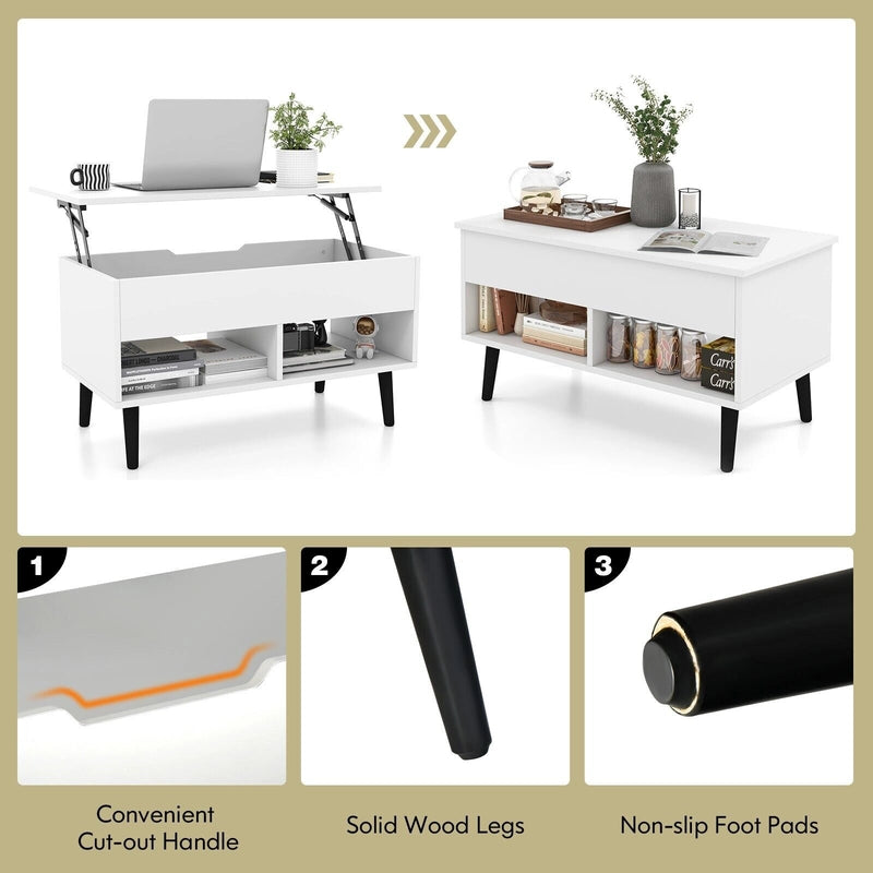 Lift Up Top Coffee Table with Hidden Storage Compartment and Open Shelf-White