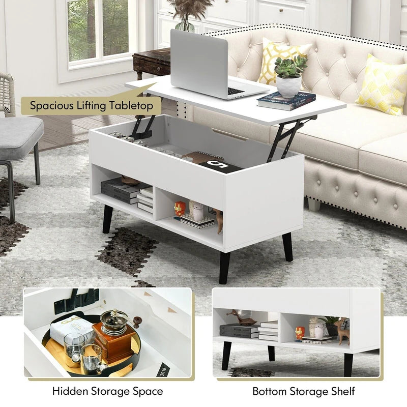 Lift Up Top Coffee Table with Hidden Storage Compartment and Open Shelf-White