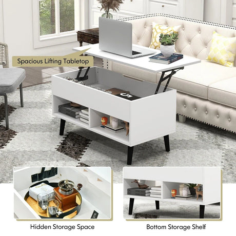 Lift Up Top Coffee Table with Hidden Storage Compartment and Open Shelf-White