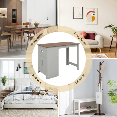 Counter Height Bar Table with Storage Cabinet and Drawer-Gray