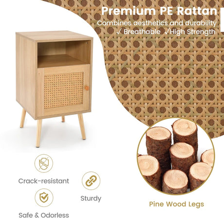 Rattan Nightstand with Storage and PE Rattan Decorated Door-Natural