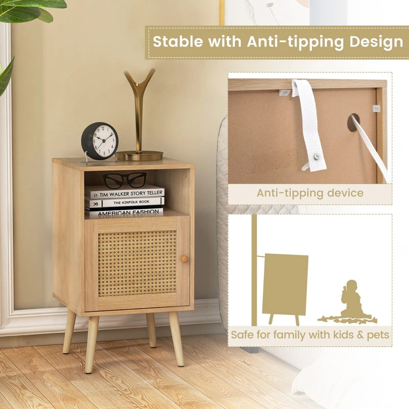 Rattan Nightstand with Storage and PE Rattan Decorated Door-Natural