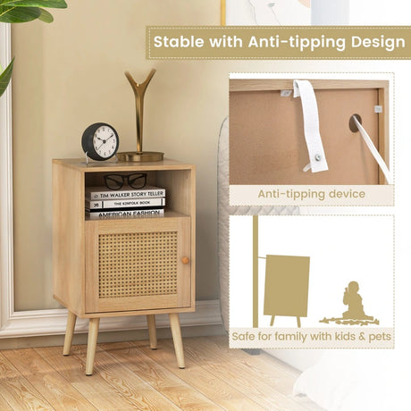 Rattan Nightstand with Storage and PE Rattan Decorated Door-Natural
