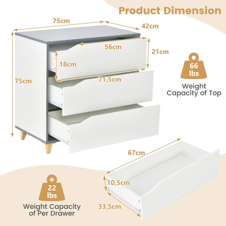 Modern 3 Drawer Chest Dresser with Large Storage Capacity Embedded Handle-White