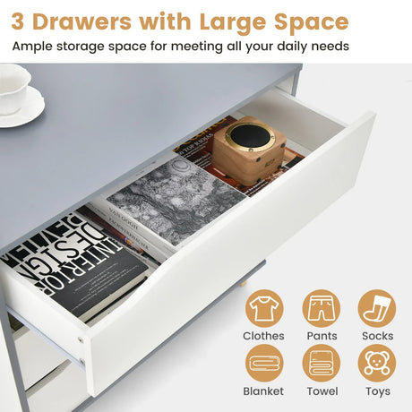 Modern 3 Drawer Chest Dresser with Large Storage Capacity Embedded Handle-White