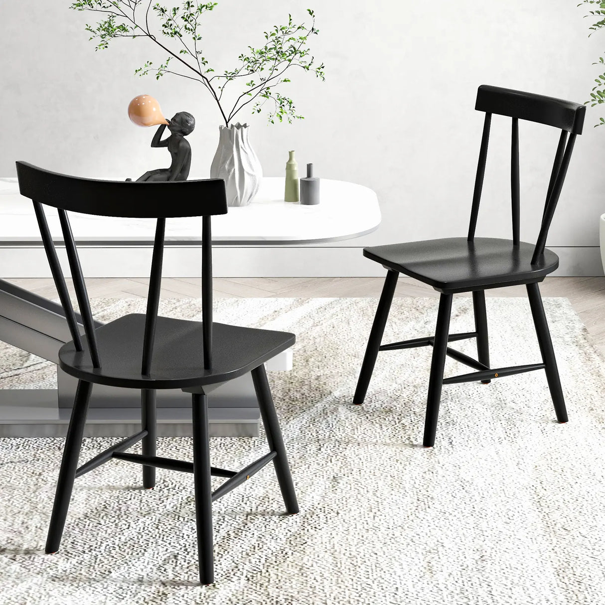 Windsor Style Armless Chairs with Solid Rubber Wood Frame-Black