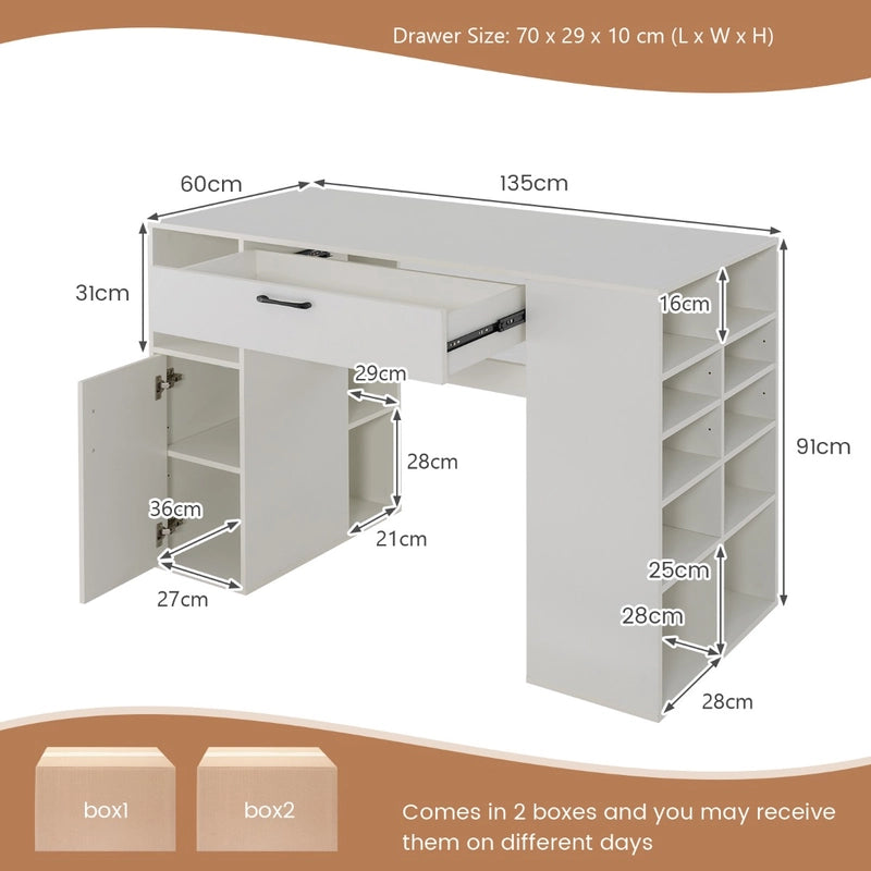 Counter Height Sewing Table with 14 Open Compartments and 3-position Adjustable Shelf-White