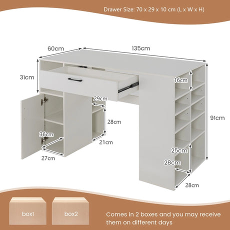 Counter Height Sewing Table with 14 Open Compartments and 3-position Adjustable Shelf-White