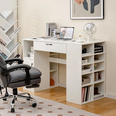 Counter Height Sewing Table with 14 Open Compartments and 3-position Adjustable Shelf-White