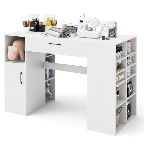 Counter Height Sewing Table with 14 Open Compartments and 3-position Adjustable Shelf-White
