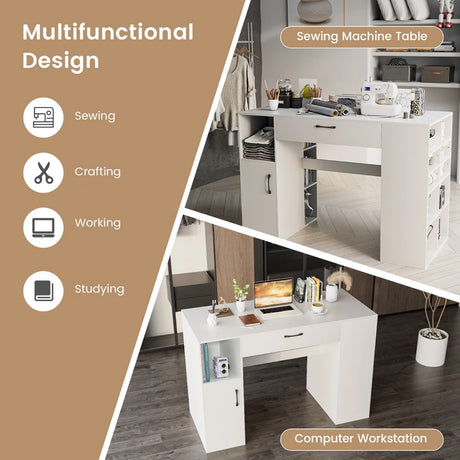 Counter Height Sewing Table with 14 Open Compartments and 3-position Adjustable Shelf-White