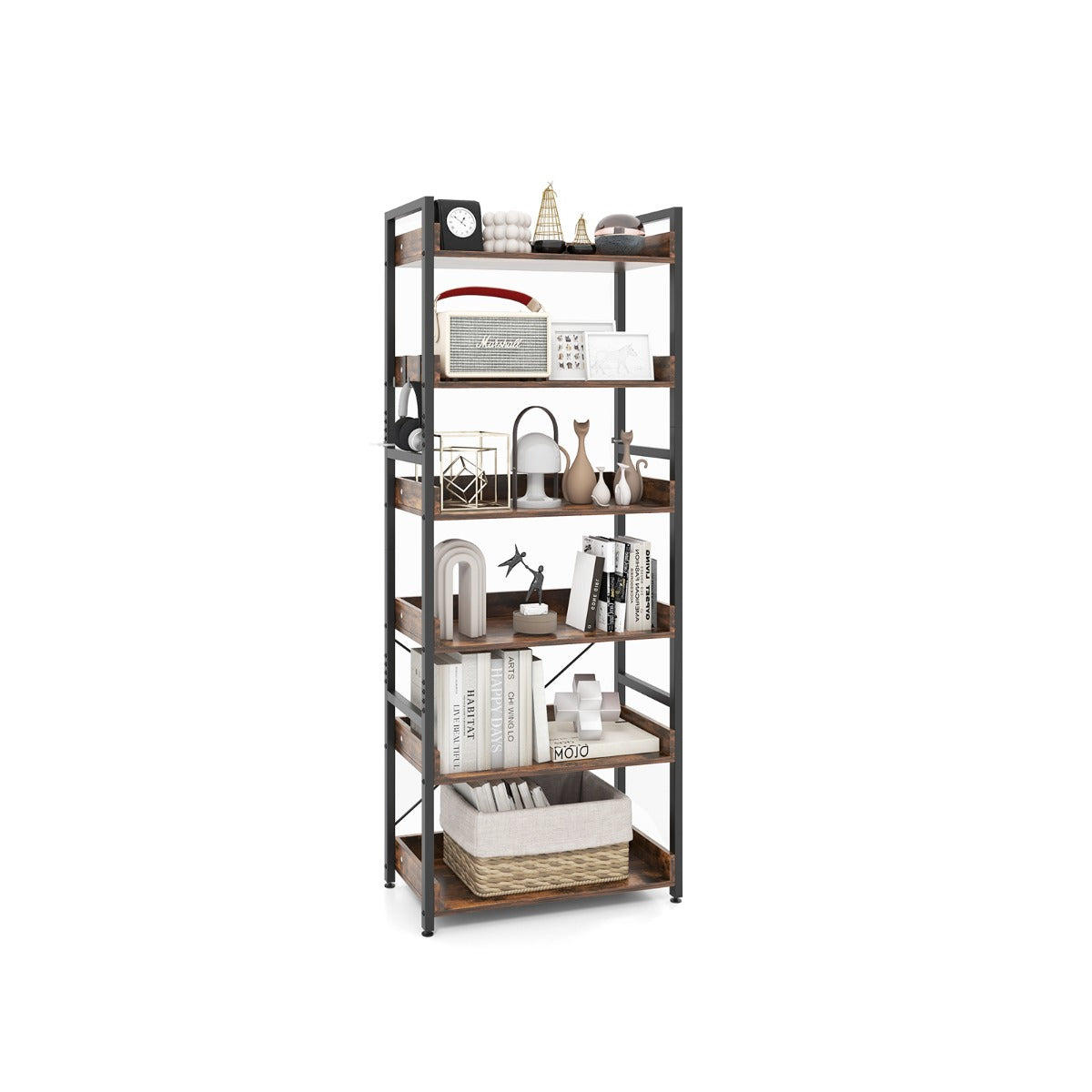 6-Tier Tall Industrial Bookcase with Open Shelves and 4 Hooks-Brown