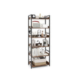 6-Tier Tall Industrial Bookcase with Open Shelves and 4 Hooks-Brown