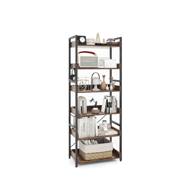 6-Tier Tall Industrial Bookcase with Open Shelves and 4 Hooks-Brown