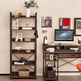 6-Tier Tall Industrial Bookcase with Open Shelves and 4 Hooks-Brown