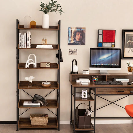 6-Tier Tall Industrial Bookcase with Open Shelves and 4 Hooks-Brown