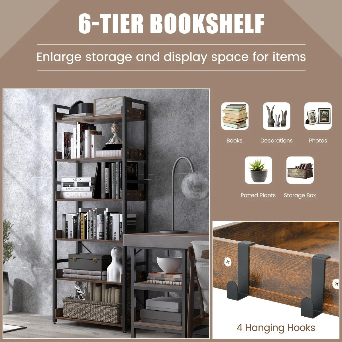 6-Tier Tall Industrial Bookcase with Open Shelves and 4 Hooks-Brown