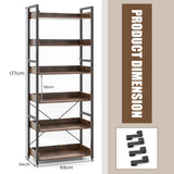 6-Tier Tall Industrial Bookcase with Open Shelves and 4 Hooks-Brown