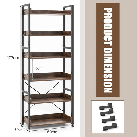 6-Tier Tall Industrial Bookcase with Open Shelves and 4 Hooks-Brown