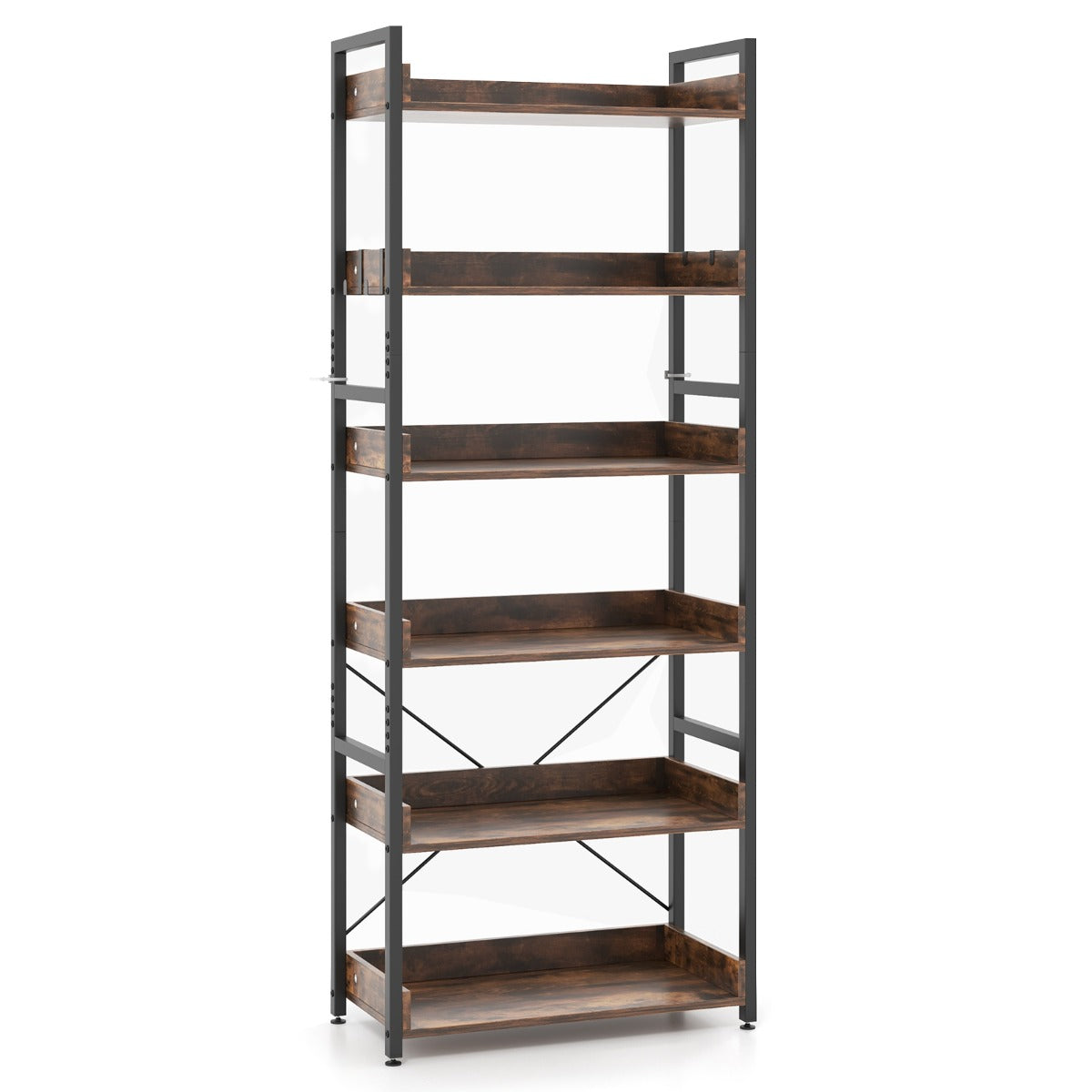6-Tier Tall Industrial Bookcase with Open Shelves and 4 Hooks-Brown