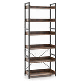6-Tier Tall Industrial Bookcase with Open Shelves and 4 Hooks-Brown