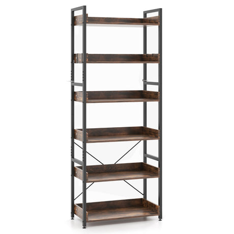6-Tier Tall Industrial Bookcase with Open Shelves and 4 Hooks-Brown