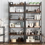 6-Tier Tall Industrial Bookcase with Open Shelves and 4 Hooks-Brown
