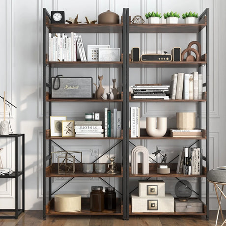 6-Tier Tall Industrial Bookcase with Open Shelves and 4 Hooks-Brown