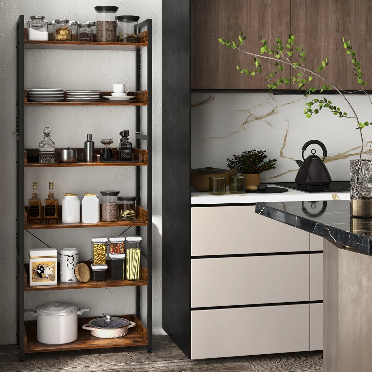 6-Tier Tall Industrial Bookcase with Open Shelves and 4 Hooks-Brown