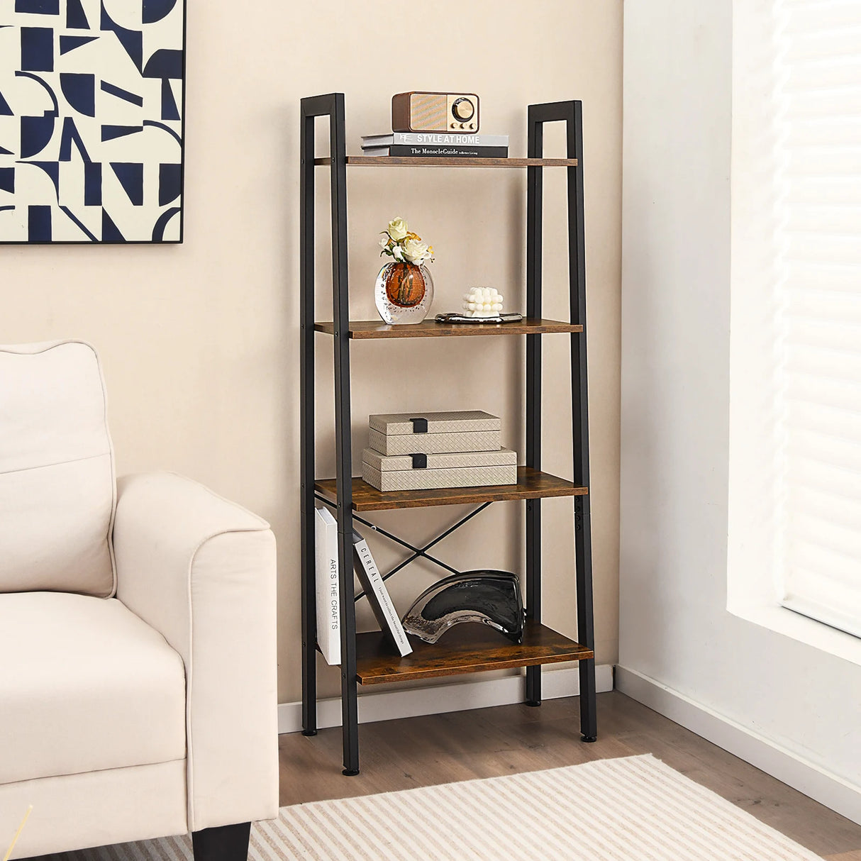 4-Tier Bookshelf with Metal Frame and Adjustable Foot Pads-Rustic Brown