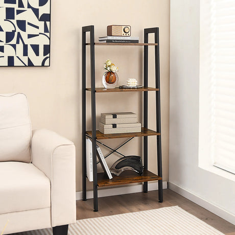 4-Tier Bookshelf with Metal Frame and Adjustable Foot Pads-Rustic Brown
