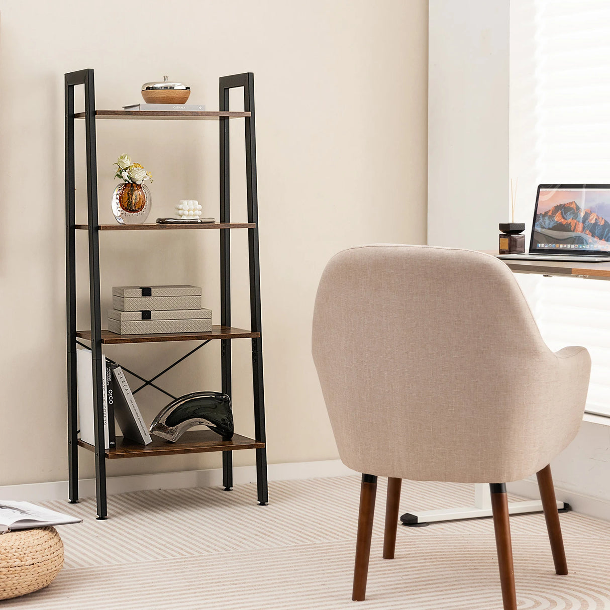 4-Tier Bookshelf with Metal Frame and Adjustable Foot Pads-Rustic Brown