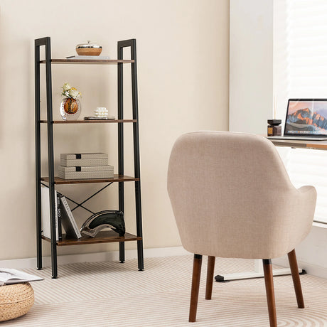 4-Tier Bookshelf with Metal Frame and Adjustable Foot Pads-Rustic Brown