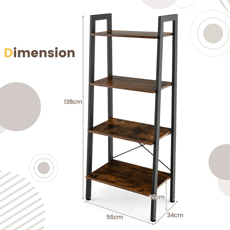 4-Tier Bookshelf with Metal Frame and Adjustable Foot Pads-Rustic Brown