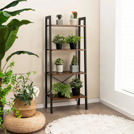 4-Tier Bookshelf with Metal Frame and Adjustable Foot Pads-Rustic Brown
