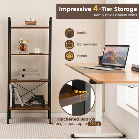 4-Tier Bookshelf with Metal Frame and Adjustable Foot Pads-Rustic Brown